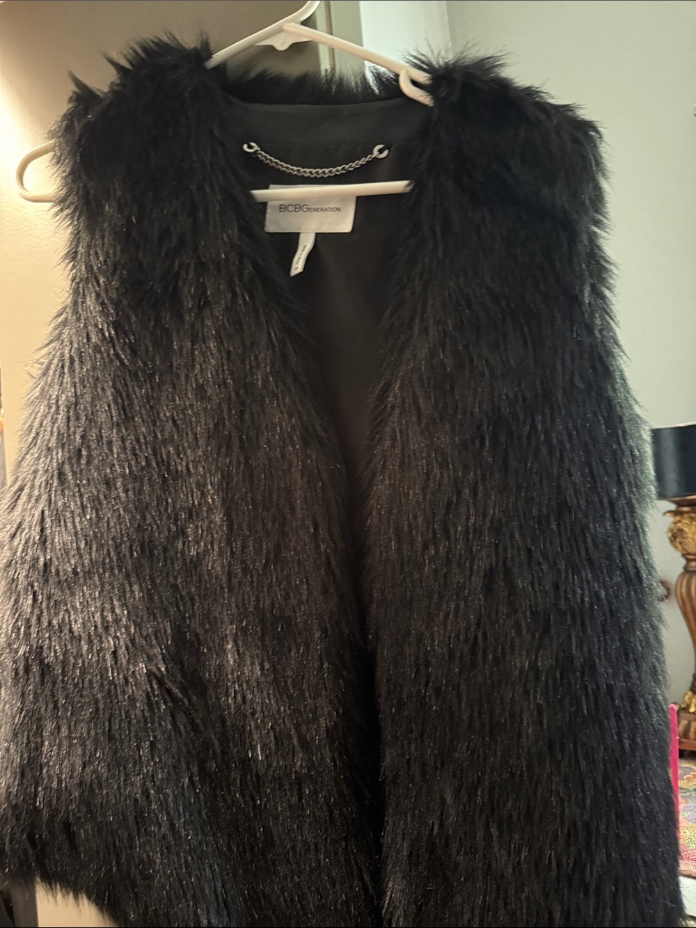 BCBGMaxAzria Black Faux Fur Vest with Chain Detail